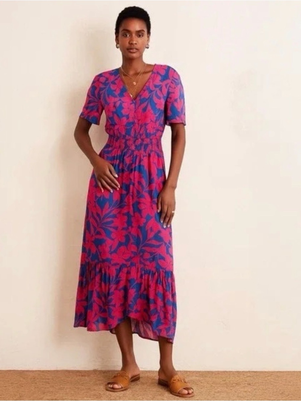 Able The Label Women's Pink & Blue Floral V-Neck Midi Dress